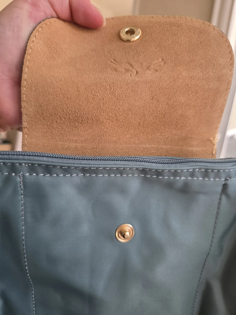 Longchamp Le Pliage Large Teal Backpack with Brown Trim